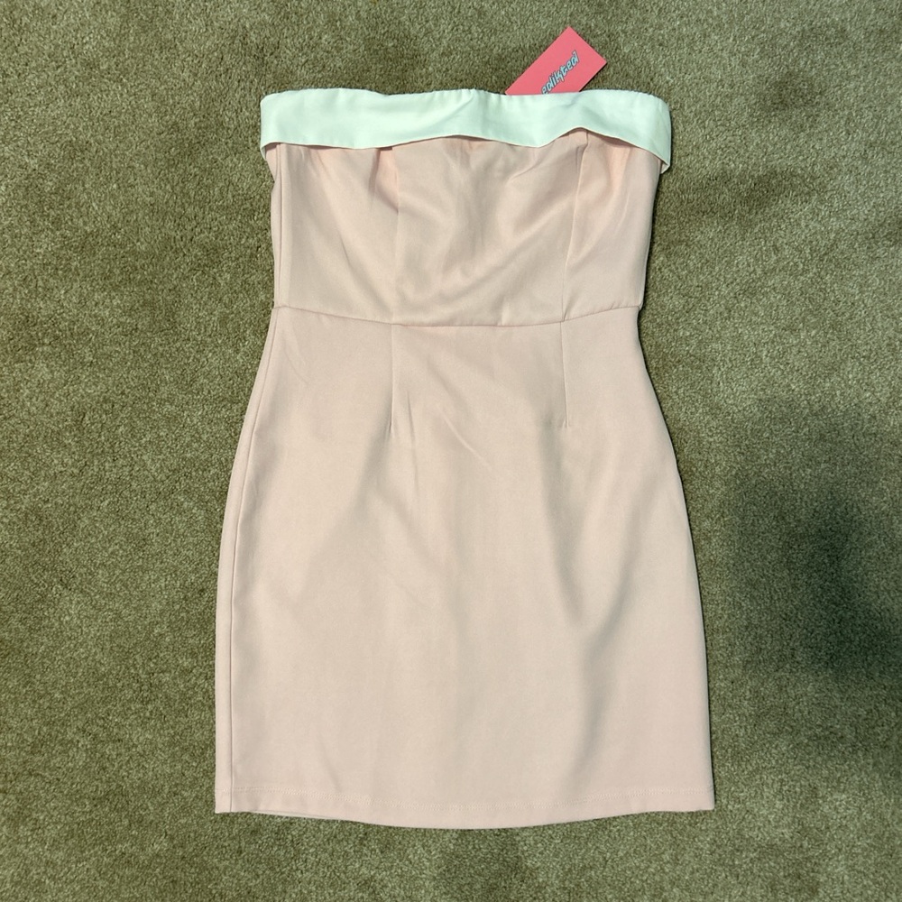 Edikted Blush Strapless Dress with White Trim